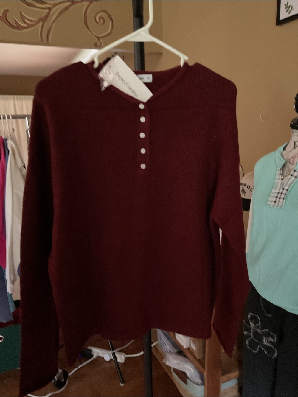 Pretty Garden Women's Burgundy Henley Crewneck Sweater